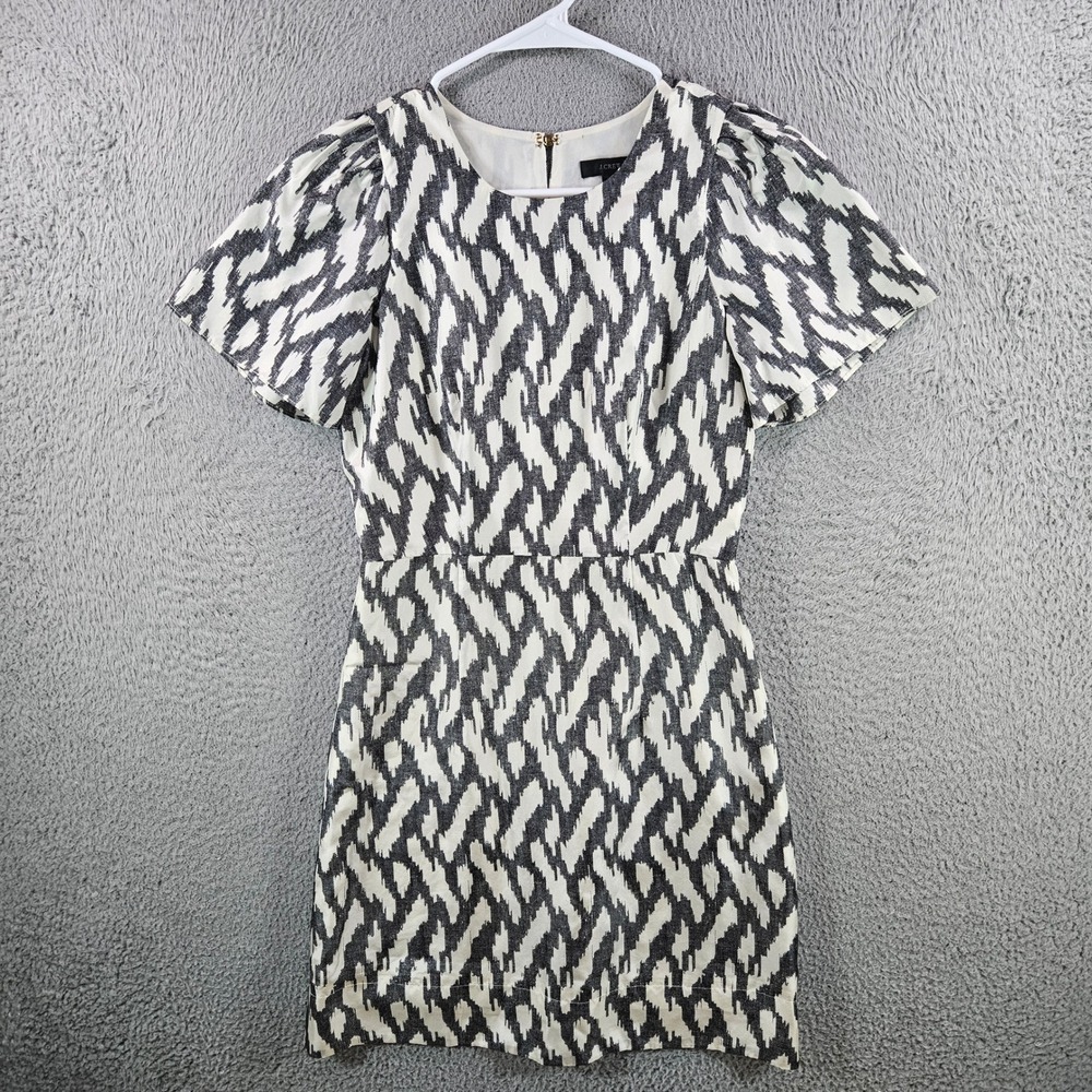 J.Crew Womens 000 Silk Ikat Print Mini Dress Black White Puff Sleeve